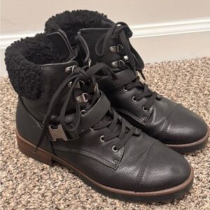 Women’s Black Lace-Up Faux-Shearling Ankle Boots
